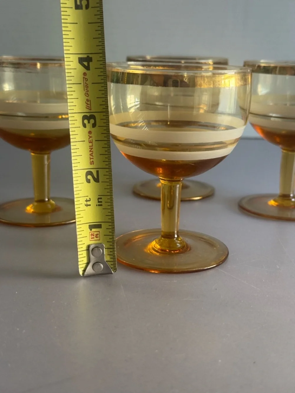 MCM Set of 4 Vintage Amber Wine Goblets with Gold Trim 70’s era